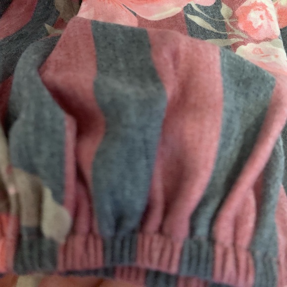 Mauve Pink Floral Stripe Print Slub Shoulders Top - Picture 5 of 9